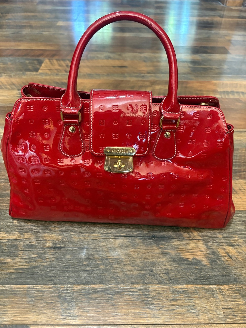 ARCADIA Italy Red Patent Leather Handbag Purse Tote Shoulder Bag Embossed